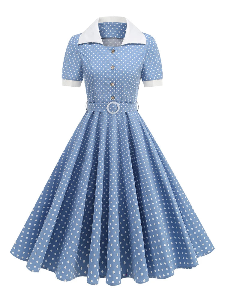 Polka Dot Collared Belted Midi Dress