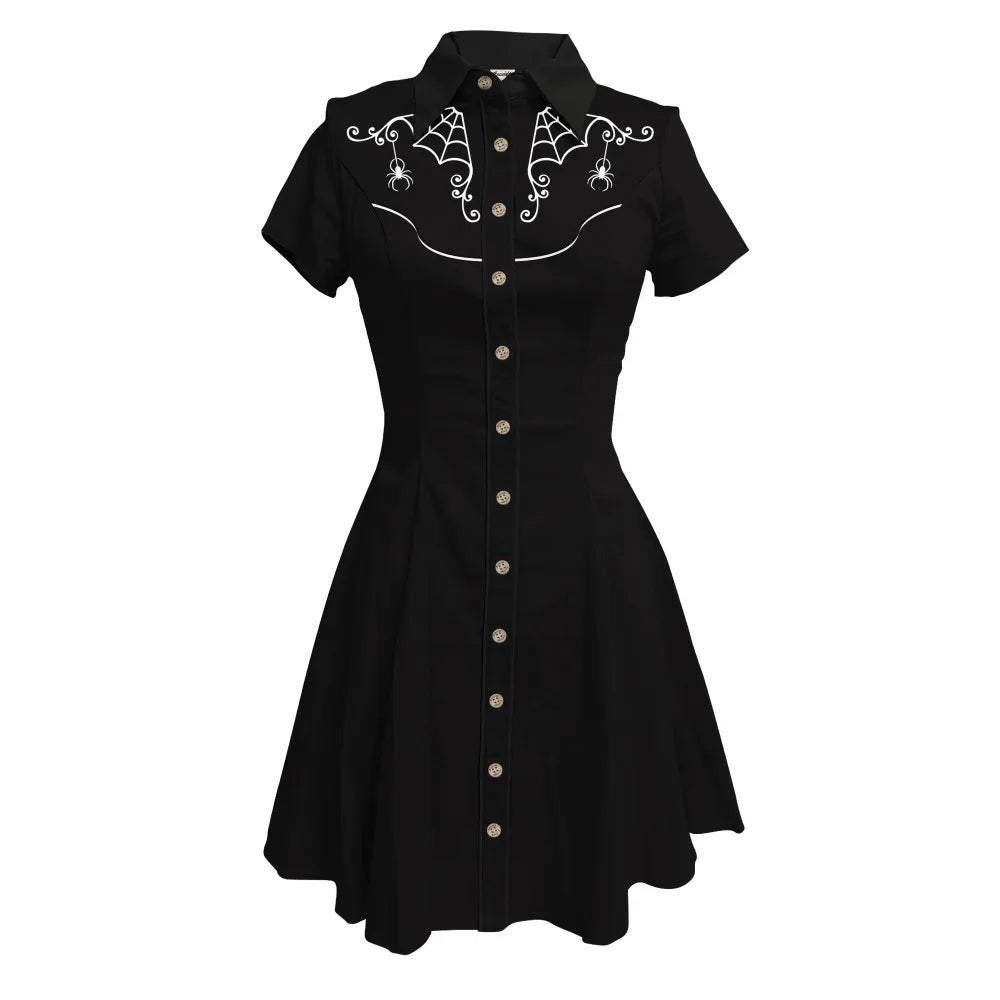 Short Sleeve Button-Front Shirt Dress with Spiderweb Yoke Graphic