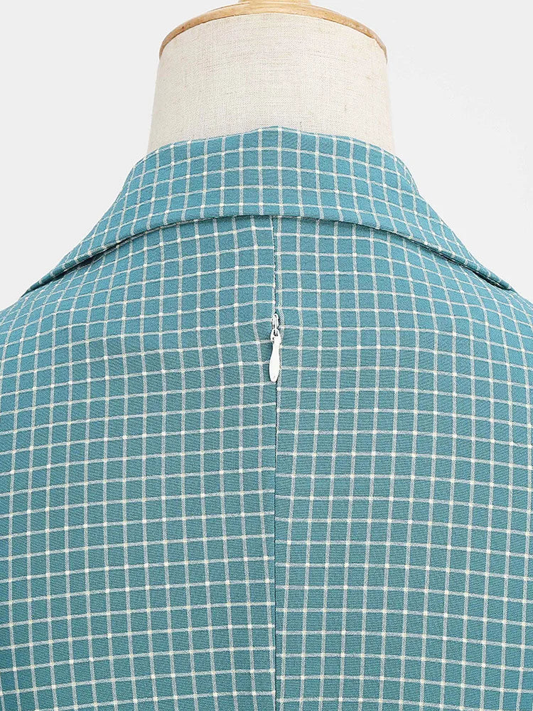 Grid Print Collared Midi Dress with Belt