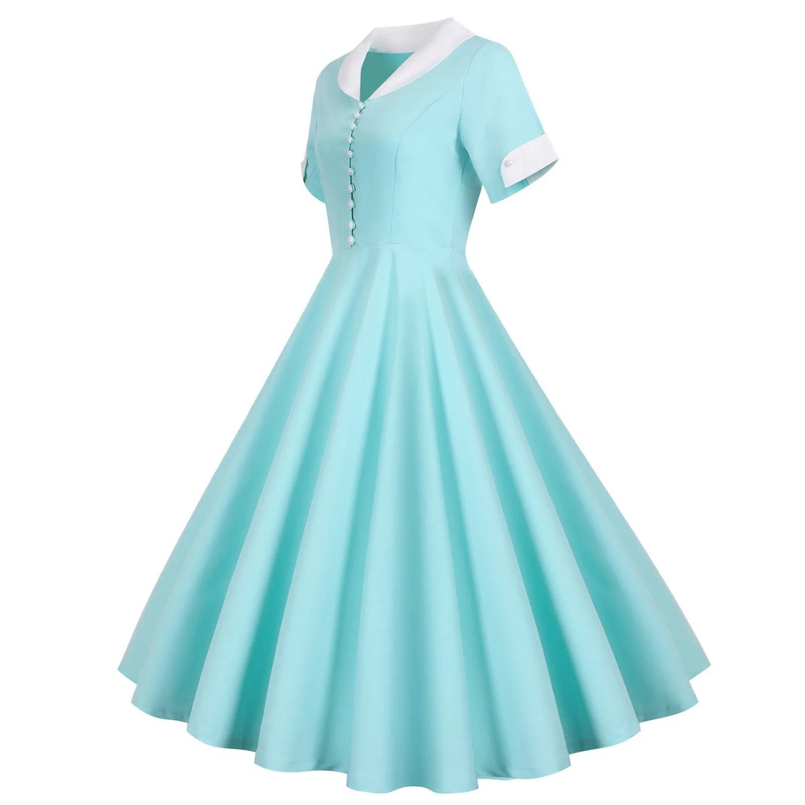 Contrast Collar Button Front Midi Dress