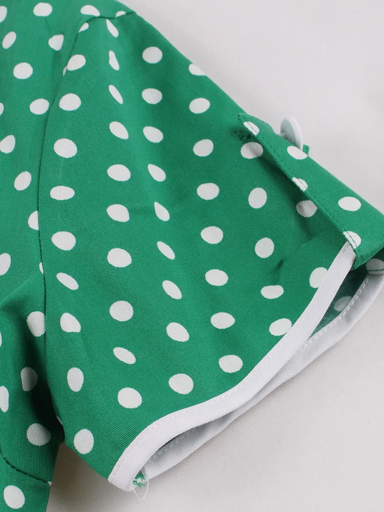 Polka Dot Short Sleeve Midi Dress with Waist Band