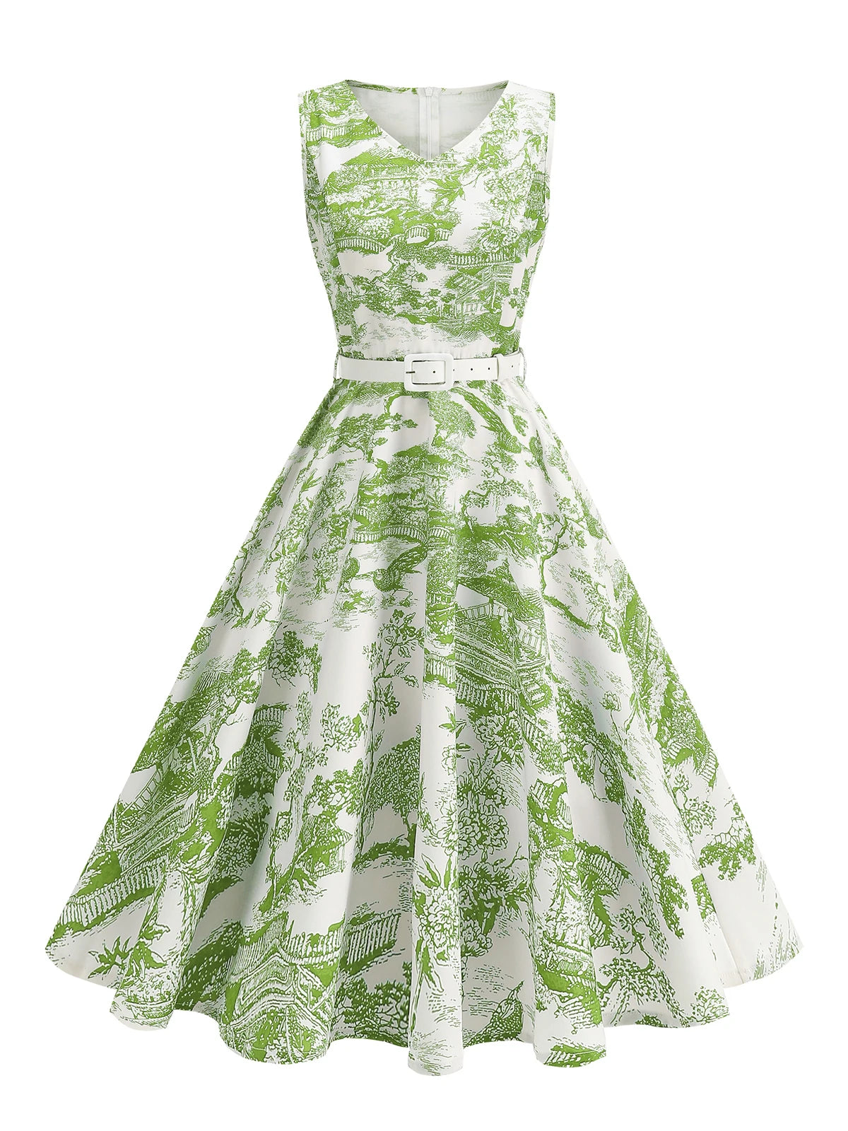 Scenic Print Belted Fit & Flare Dress