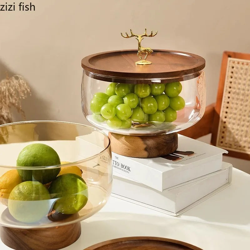 Mid-Century Modern Glass & Acacia Wood Pedestal Fruit Bowl