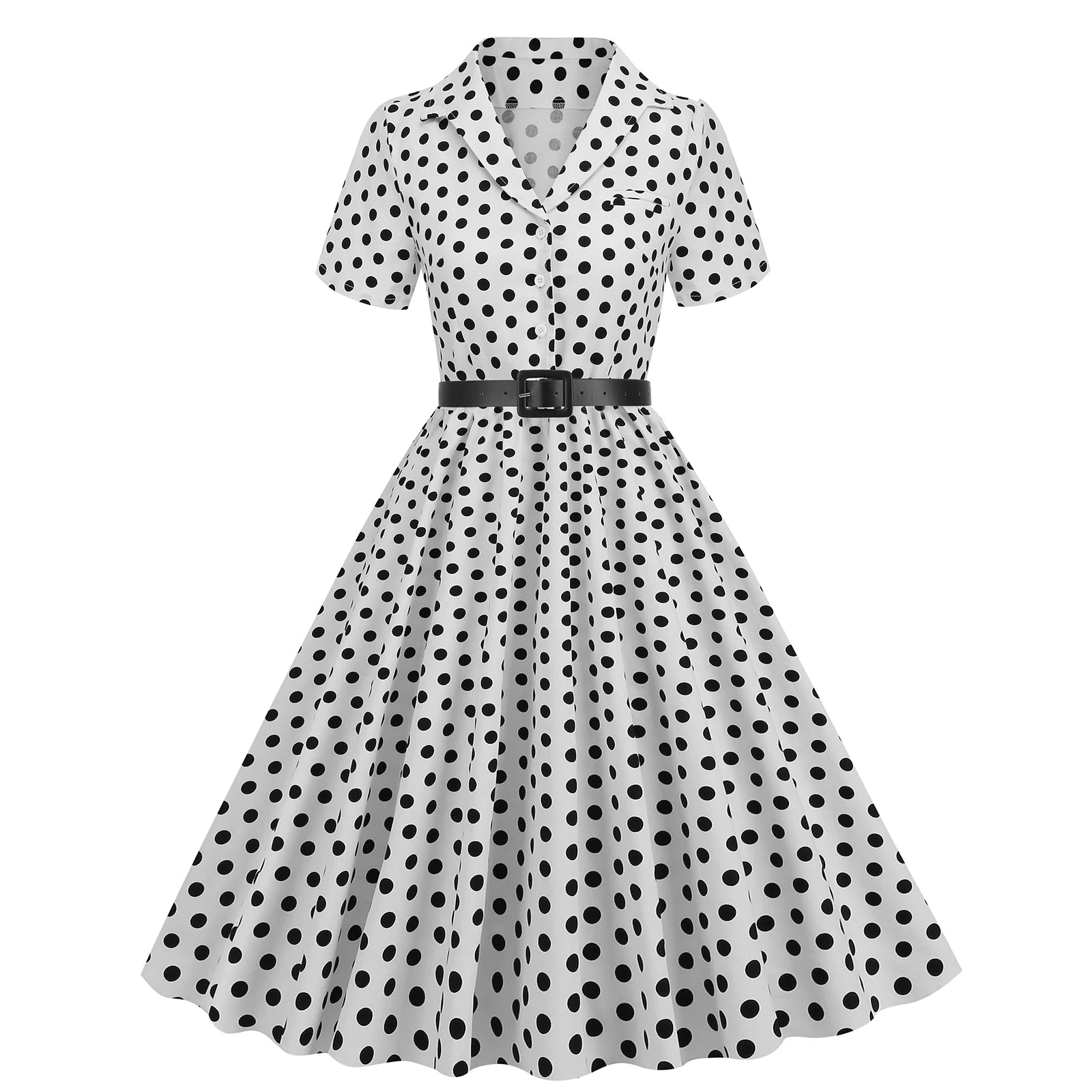 Women Vintage Polka Dots Dress Retro Elegant V-Neck Office Cocktail Tea Party 1950s 40s Swing Dress Summer Dress Short Sleeves