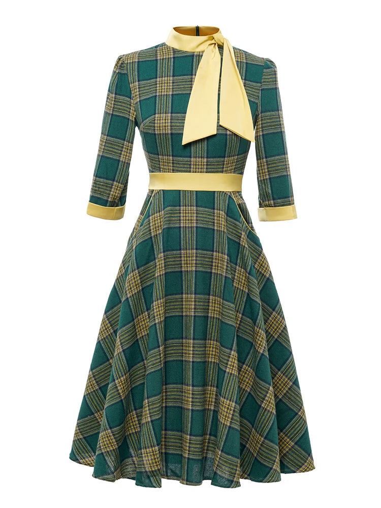 Plaid Neck Tie Contrast Trim Fit & Flare Dress