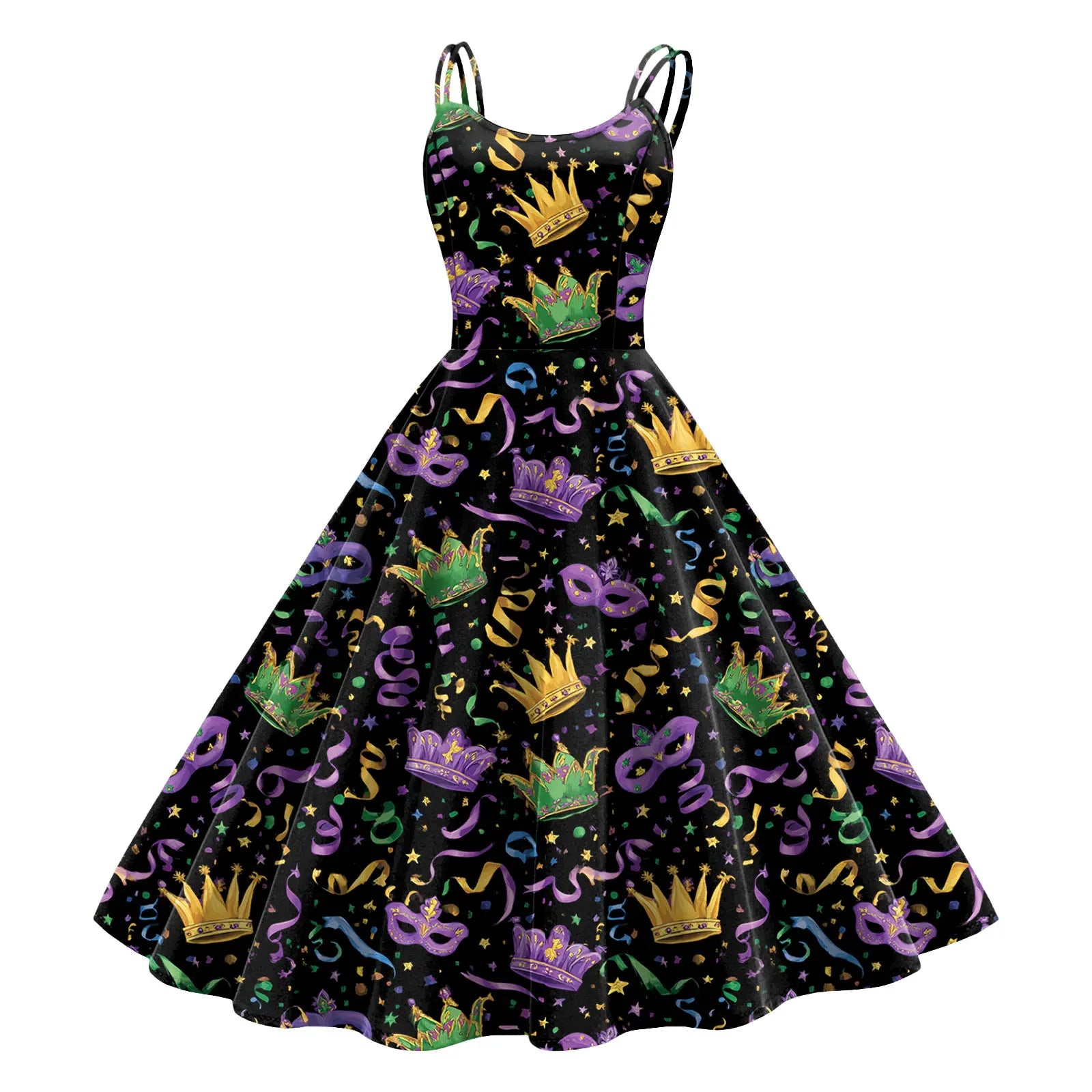 Sleeveless Mardi Gras Print Fit and Flare Dress