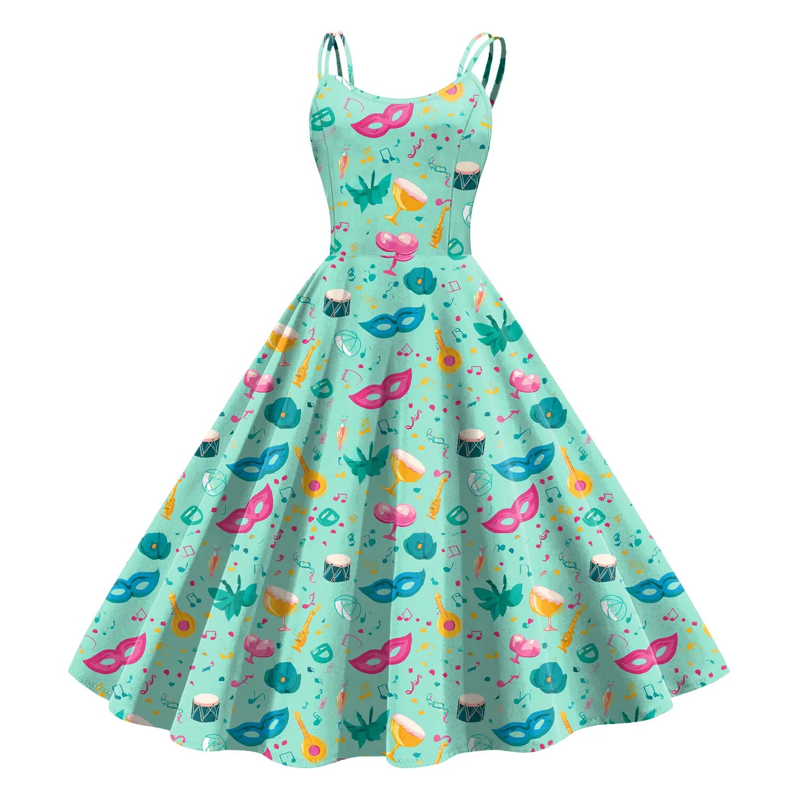 Sleeveless Mardi Gras Print Fit and Flare Dress