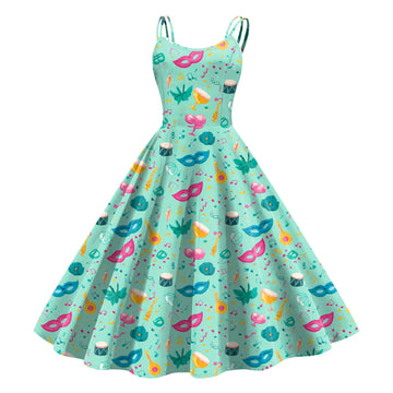 Sleeveless Mardi Gras Print Fit and Flare Dress