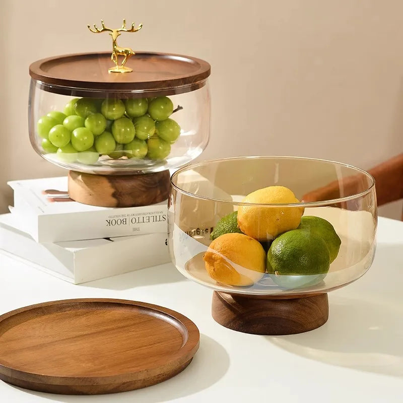 Mid-Century Modern Glass & Acacia Wood Pedestal Fruit Bowl