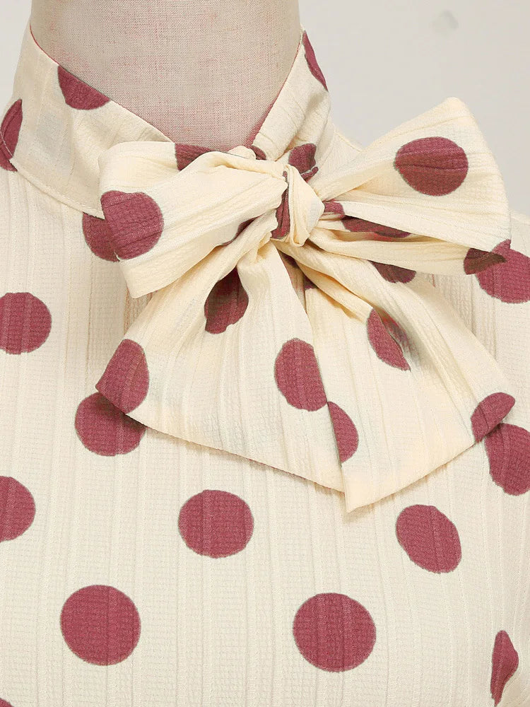 High Neck Polka Dot Long Sleeve Midi Dress with Bow Detail