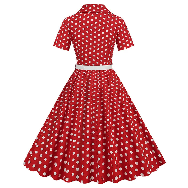 Women Vintage Polka Dots Dress Retro Elegant V-Neck Office Cocktail Tea Party 1950s 40s Swing Dress Summer Dress Short Sleeves