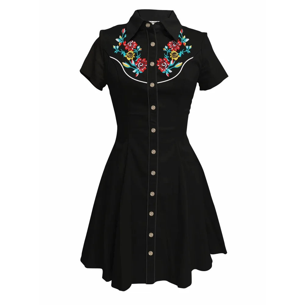 Short Sleeve Button-Front Shirt Dress with Rose Yoke Graphic