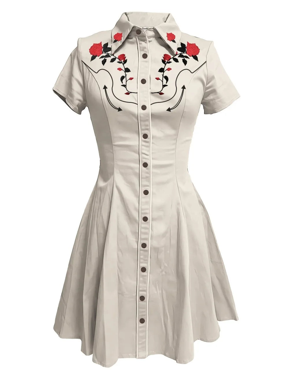 Short Sleeve Western-Inspired Button-Front Shirt Dress with Floral Yoke