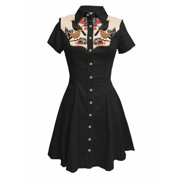 Short Sleeve Button-Front Shirt Dress with Bird Yoke Graphic