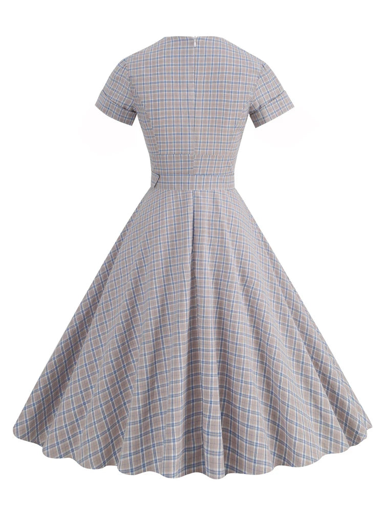 Plaid Wrap Collar Belted Fit & Flare Dress