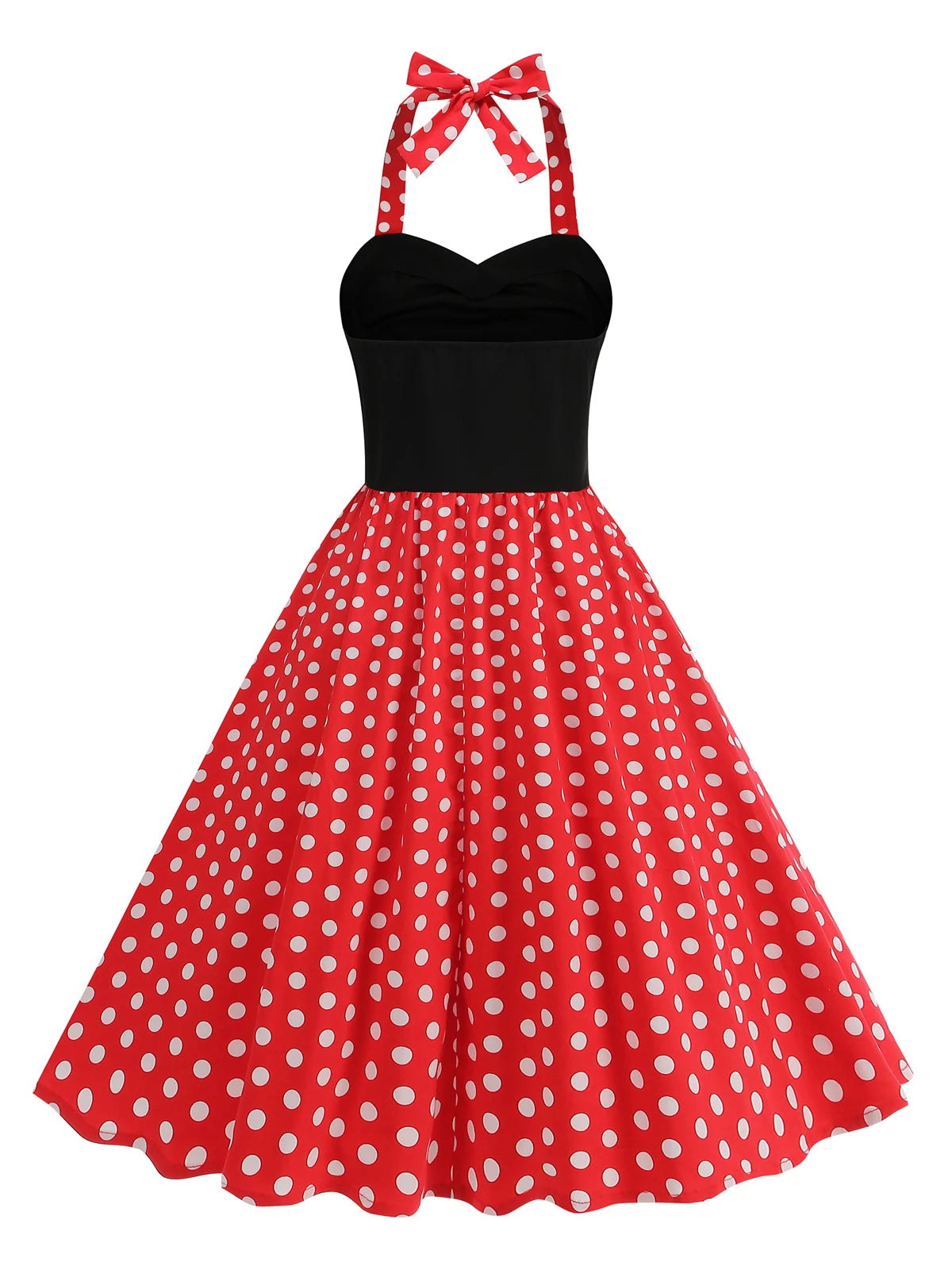 Contrast Bodice Polka Dot Halter Dress
