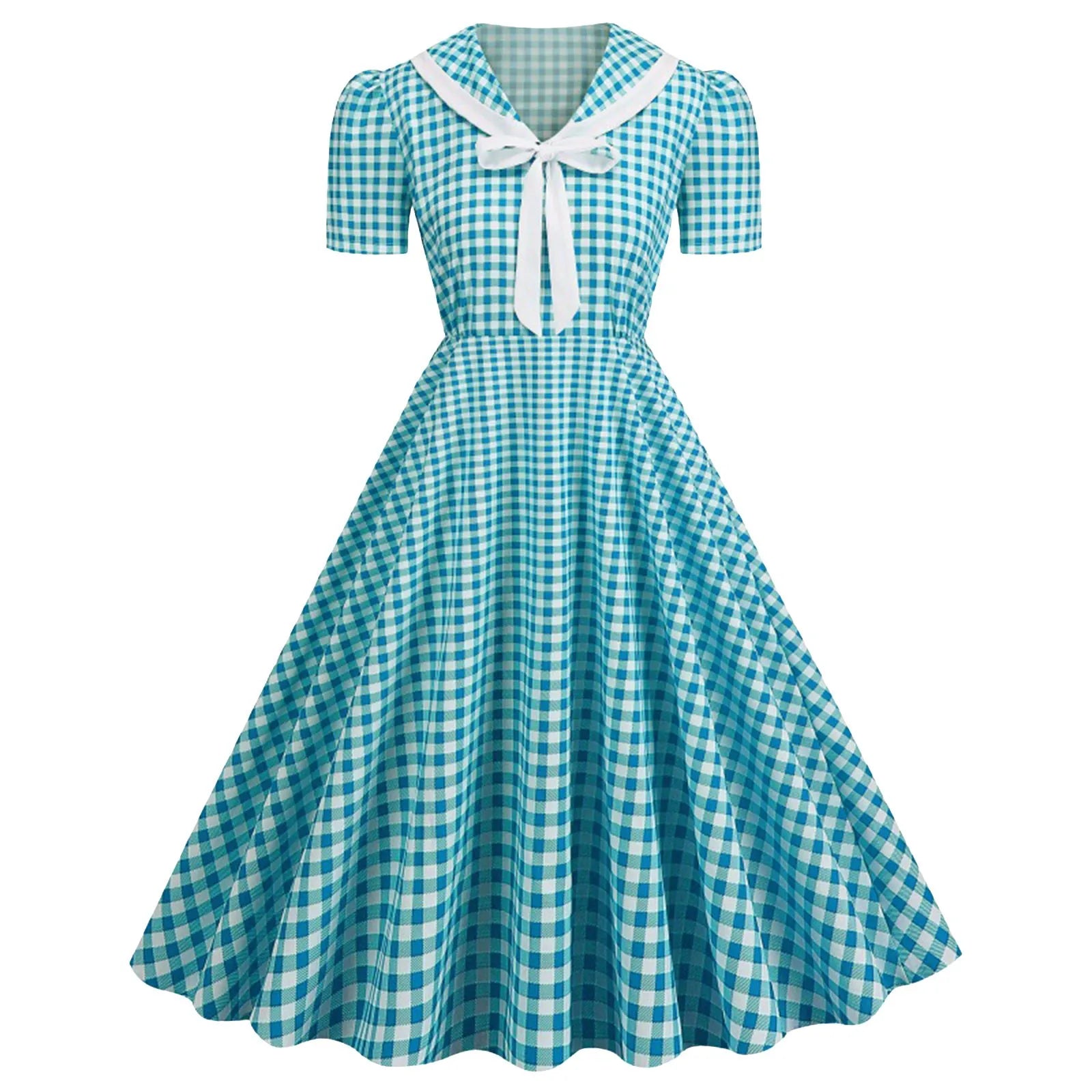 Gingham Sailor Collar Midi Dress with Tie Front