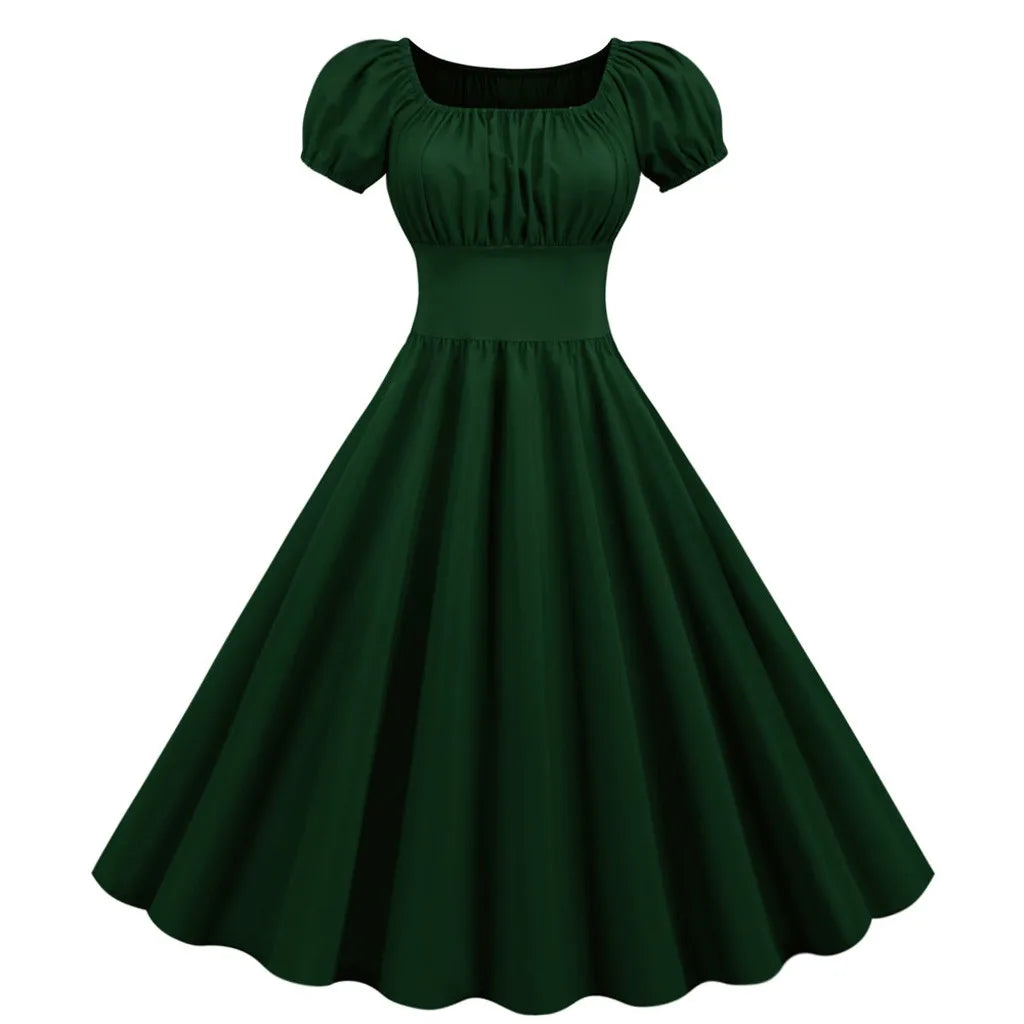 Puff Sleeve Square Neck Fit and Flare Midi Dress