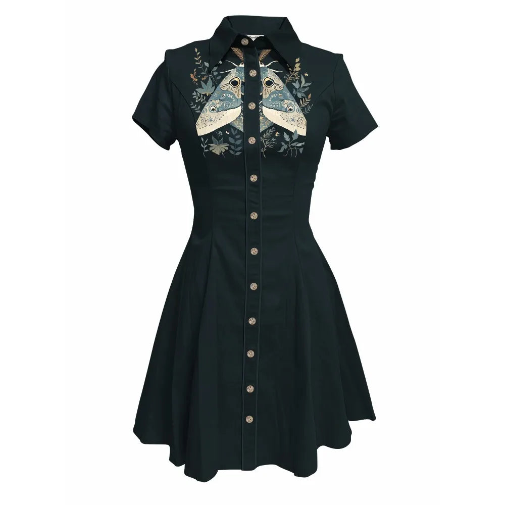 Short Sleeve Button-Front Shirt Dress with Moth Design