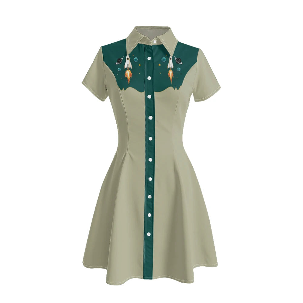 Short Sleeve Western-Style Button-Front Shirt Dress with Planet Yoke Print
