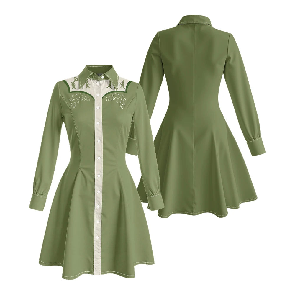 Long Sleeve Western-Style Button-Front Shirt Dress with Graphic Yoke