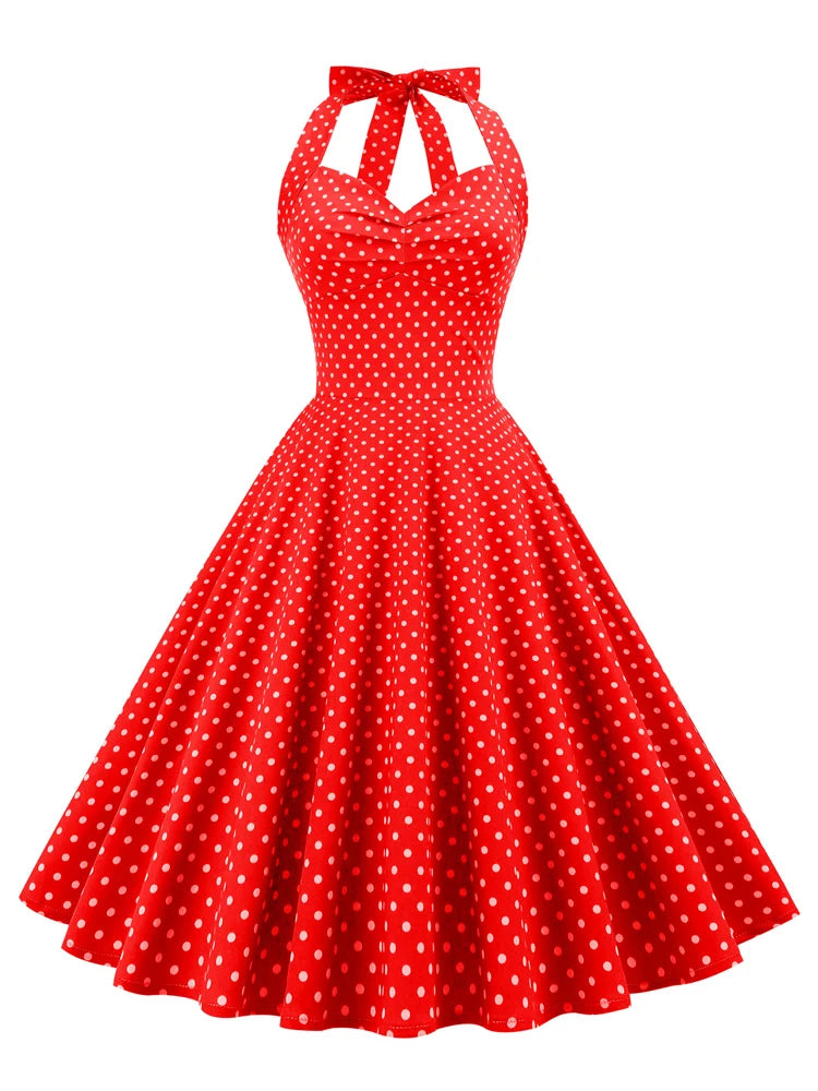 Polka Dot Bow Halter Fit & Flare Dress
