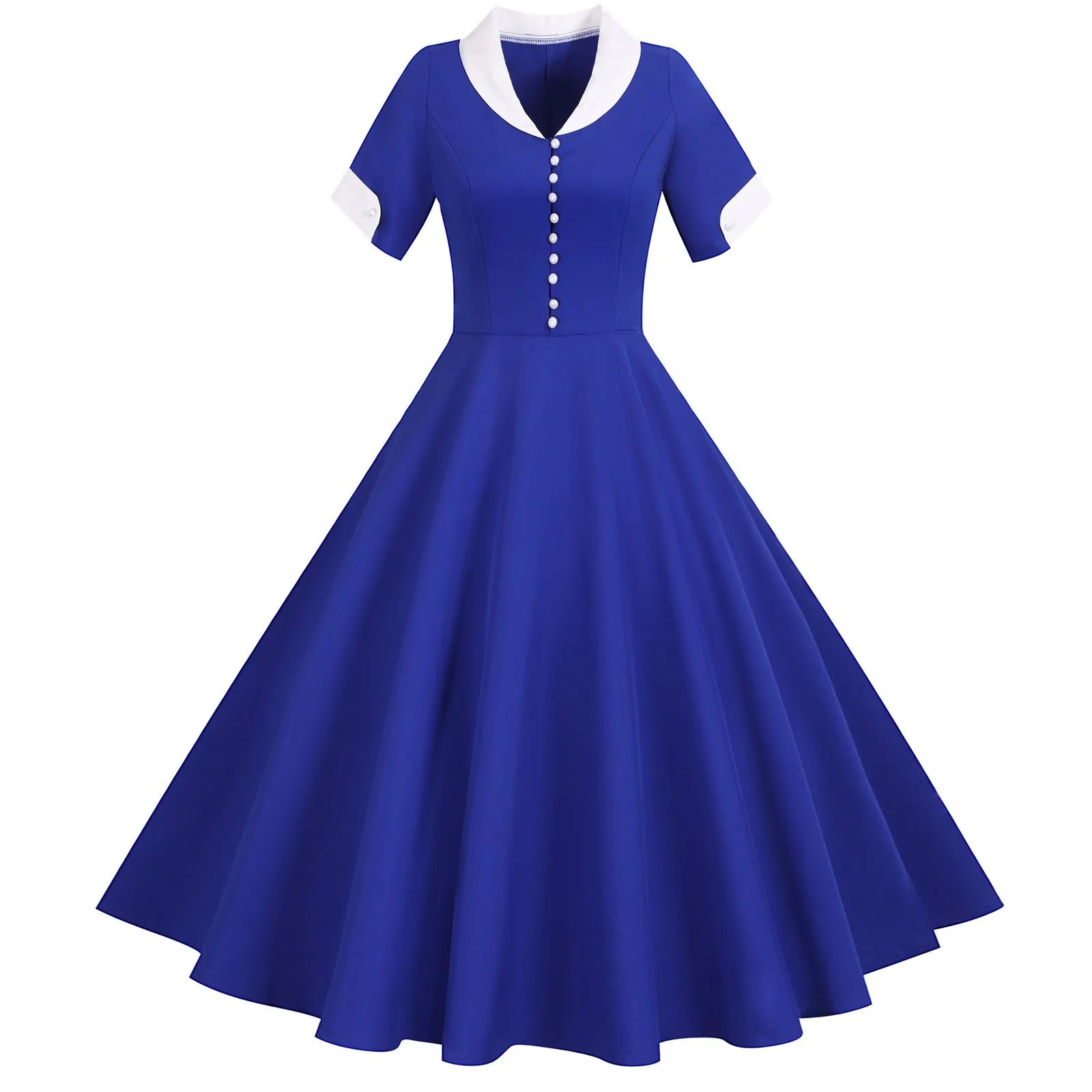 Contrast Collar Button Front Midi Dress