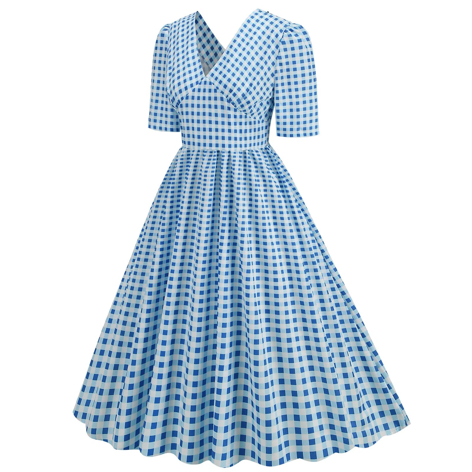 Gingham V-Neck Midi Dress with Fitted Bodice