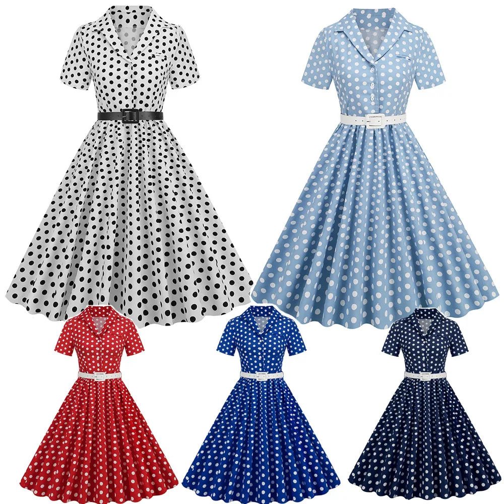 Women Vintage Polka Dots Dress Retro Elegant V-Neck Office Cocktail Tea Party 1950s 40s Swing Dress Summer Dress Short Sleeves