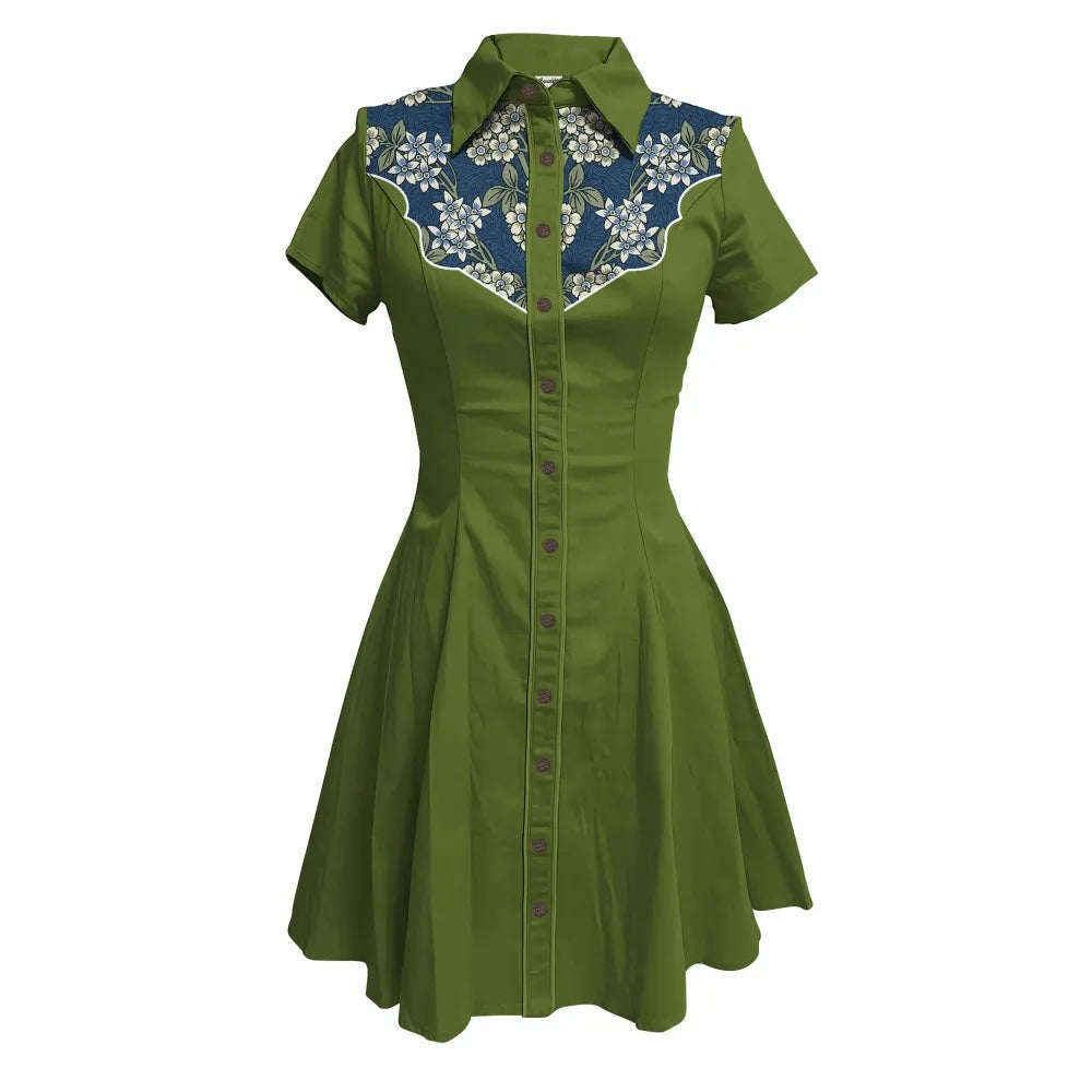 Short Sleeve Western-Style Button-Front Shirt Dress with Floral Print Yoke