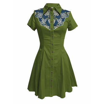 Short Sleeve Western-Style Button-Front Shirt Dress with Floral Print Yoke