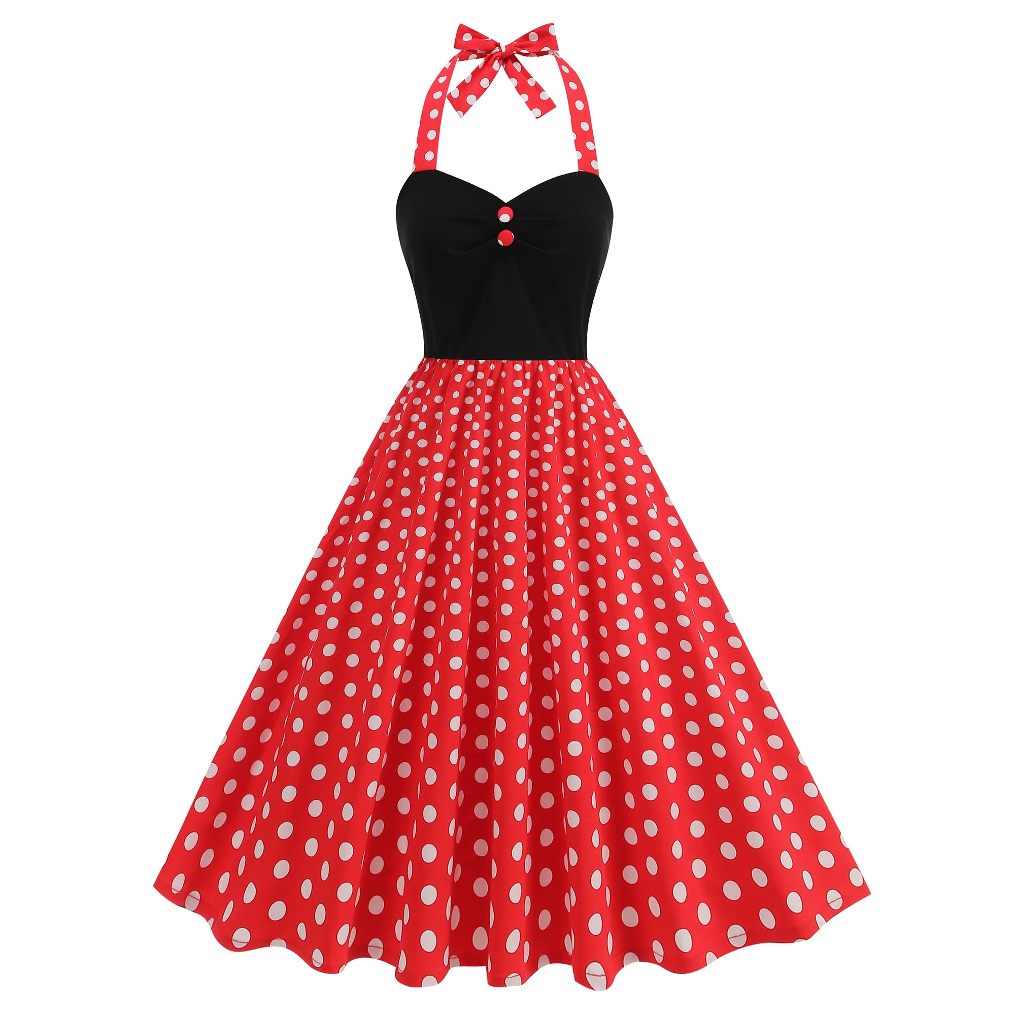 Contrast Bodice Polka Dot Halter Dress