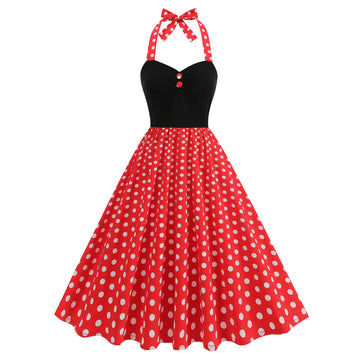 Contrast Bodice Polka Dot Halter Dress