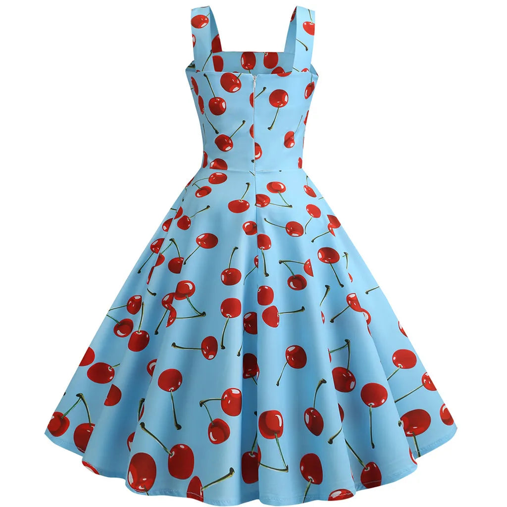 Square Neck Cherry Print Fit and Flare Dress