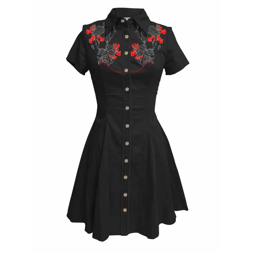 Short Sleeve Button-Front Shirt Dress with Rose Yoke Graphic