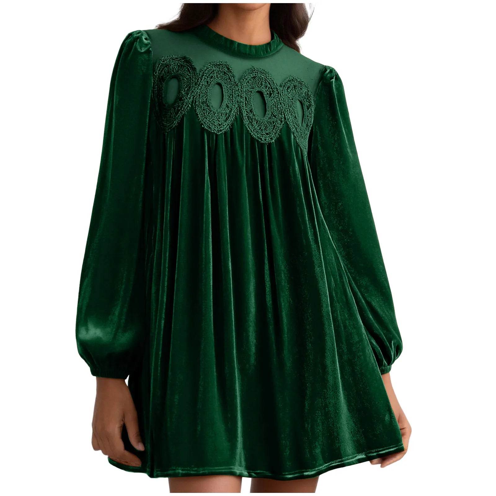 Velvet Long Sleeve Mini Dress with Embroidered Yoke