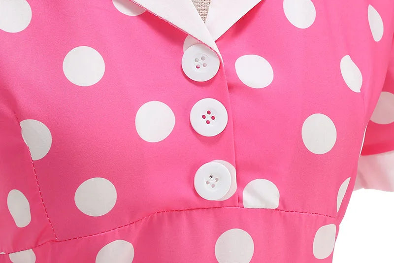 Vintage Polka Dot Pleated Summer Dress Women 1950s 60s Notched Collar Short Sleeve Belted Elegant Retro Clothing