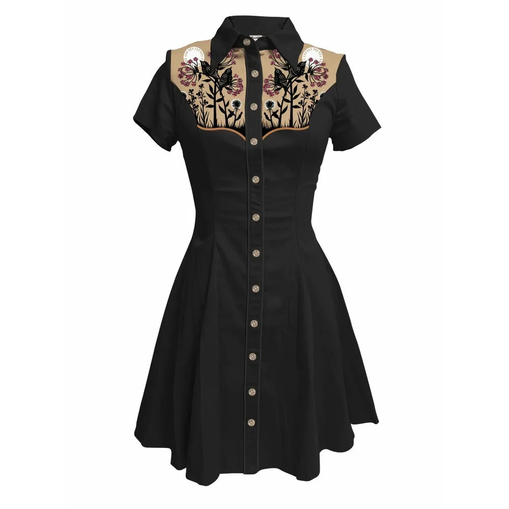 Short Sleeve Button-Front Shirt Dress with Bird Yoke Graphic