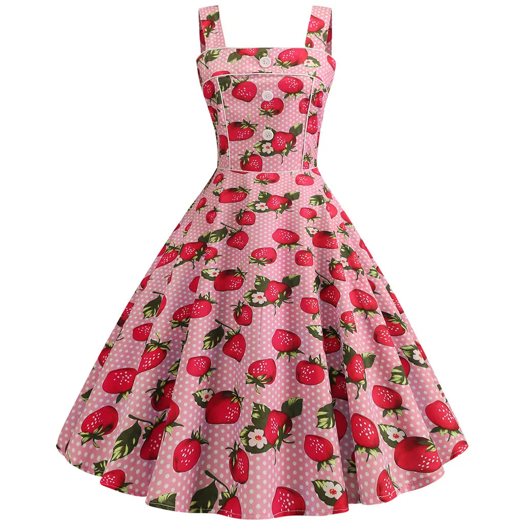 Square Neck Cherry Print Fit and Flare Dress