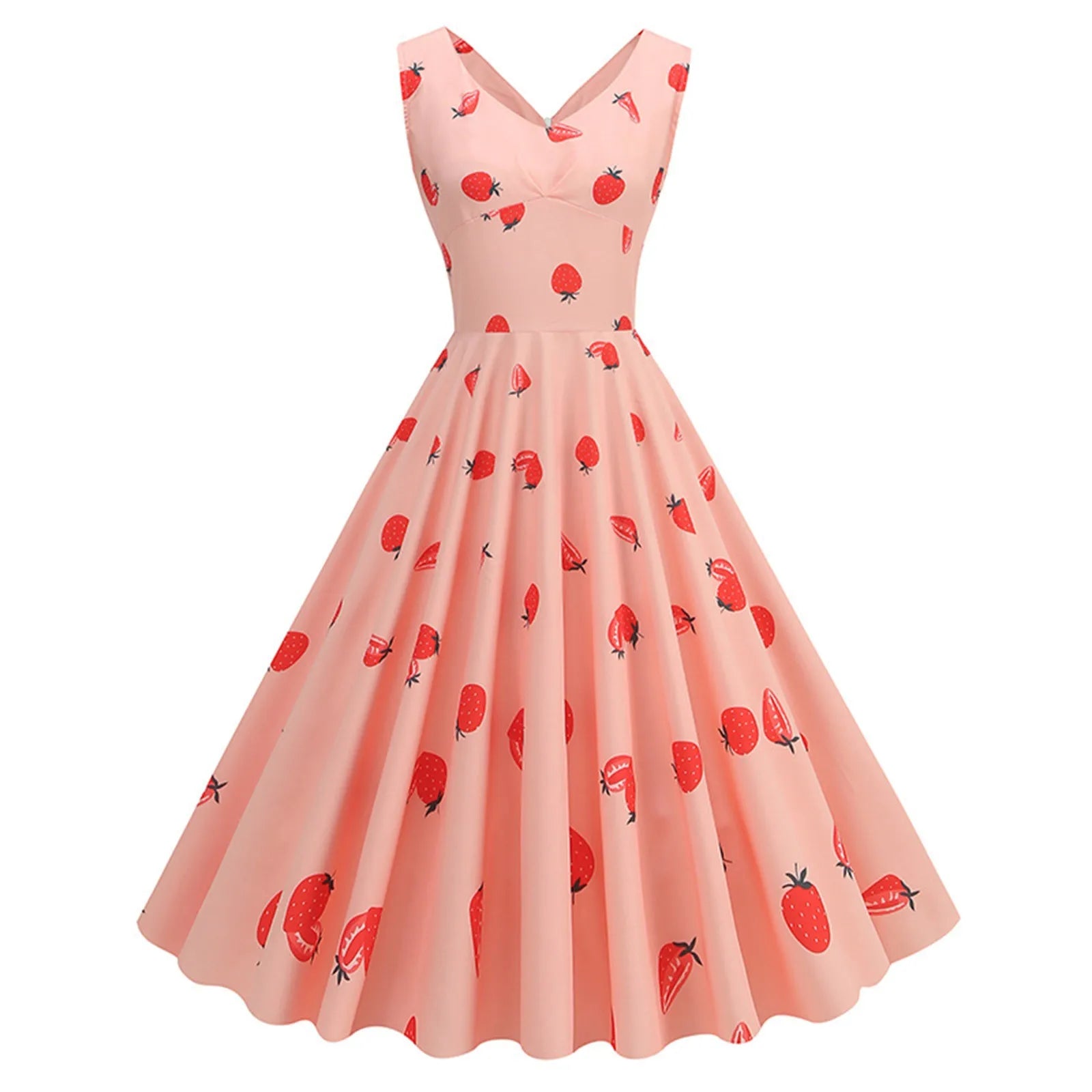 Strawberry Print Sleeveless Midi Dress