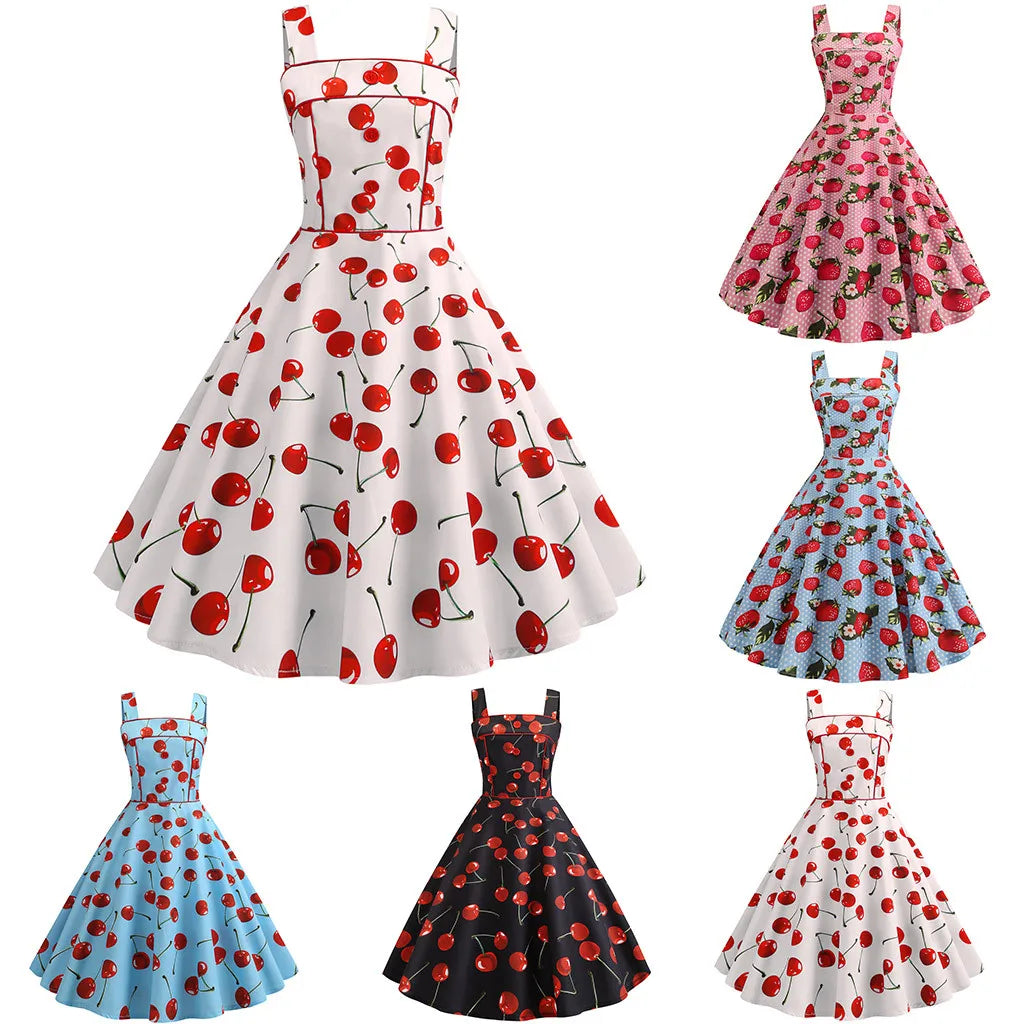 Square Neck Cherry Print Fit and Flare Dress