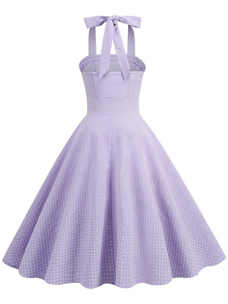 Halter Grid Print Fit & Flare Dress