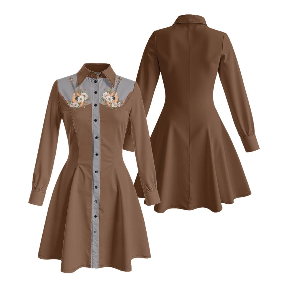 Long Sleeve Western-Style Button-Front Shirt Dress with Floral Yoke Graphic