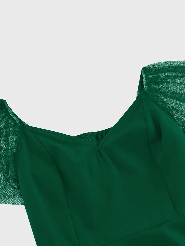 Sheer Mesh Sleeve Fit and Flare Midi Dress