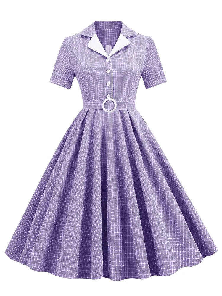 Grid Print Collared Midi Dress with Belt