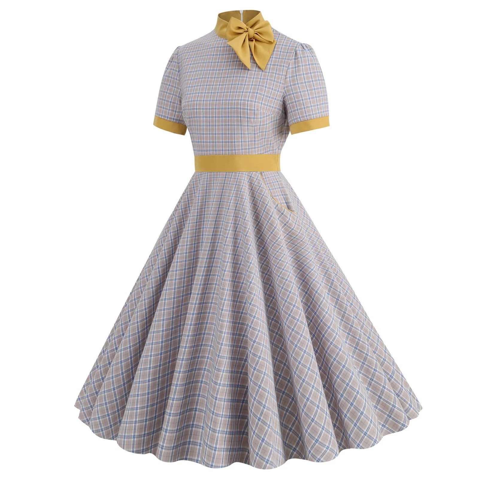 Plaid High Neck Midi Dress with Bow Detail