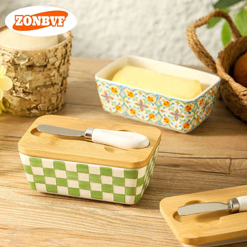 Americana Pastoral Ceramic Butter Dish with Bamboo Lid & Knife