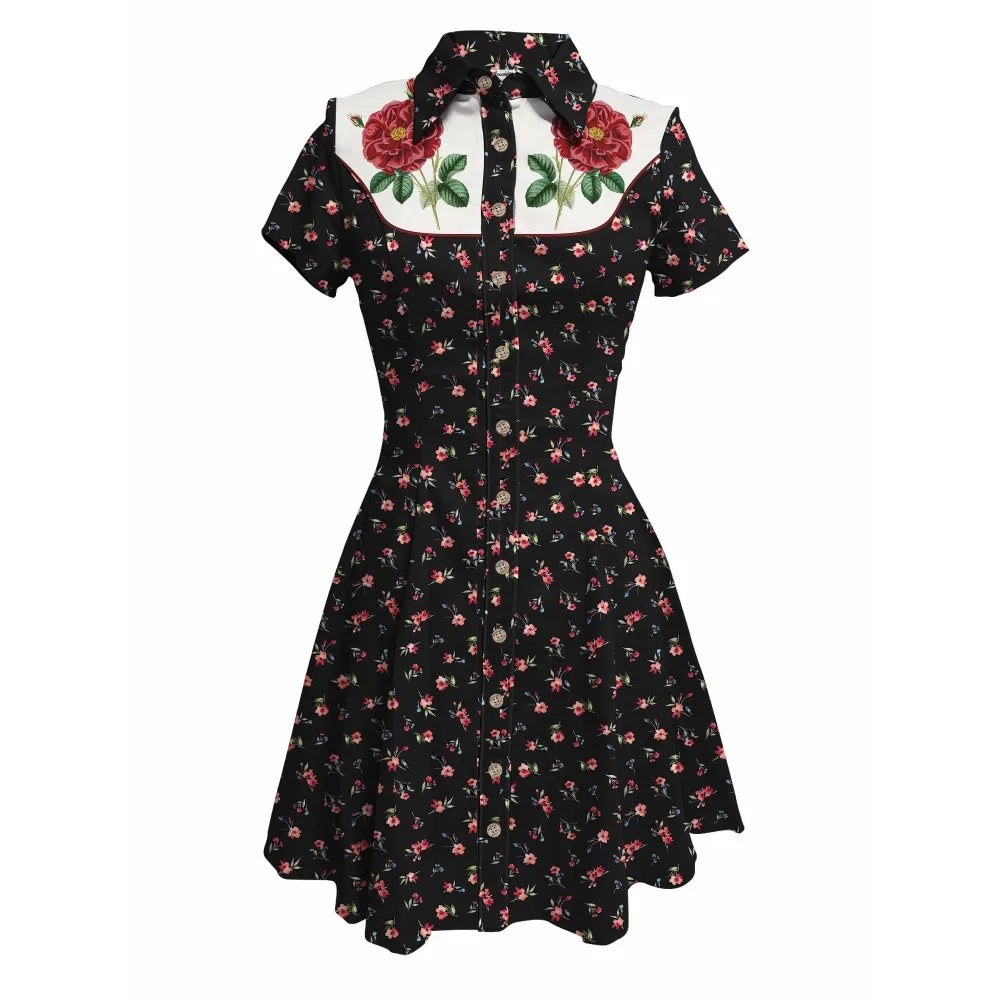 Short Sleeve Button-Front Shirt Dress with Floral Print and Embroidered Yoke
