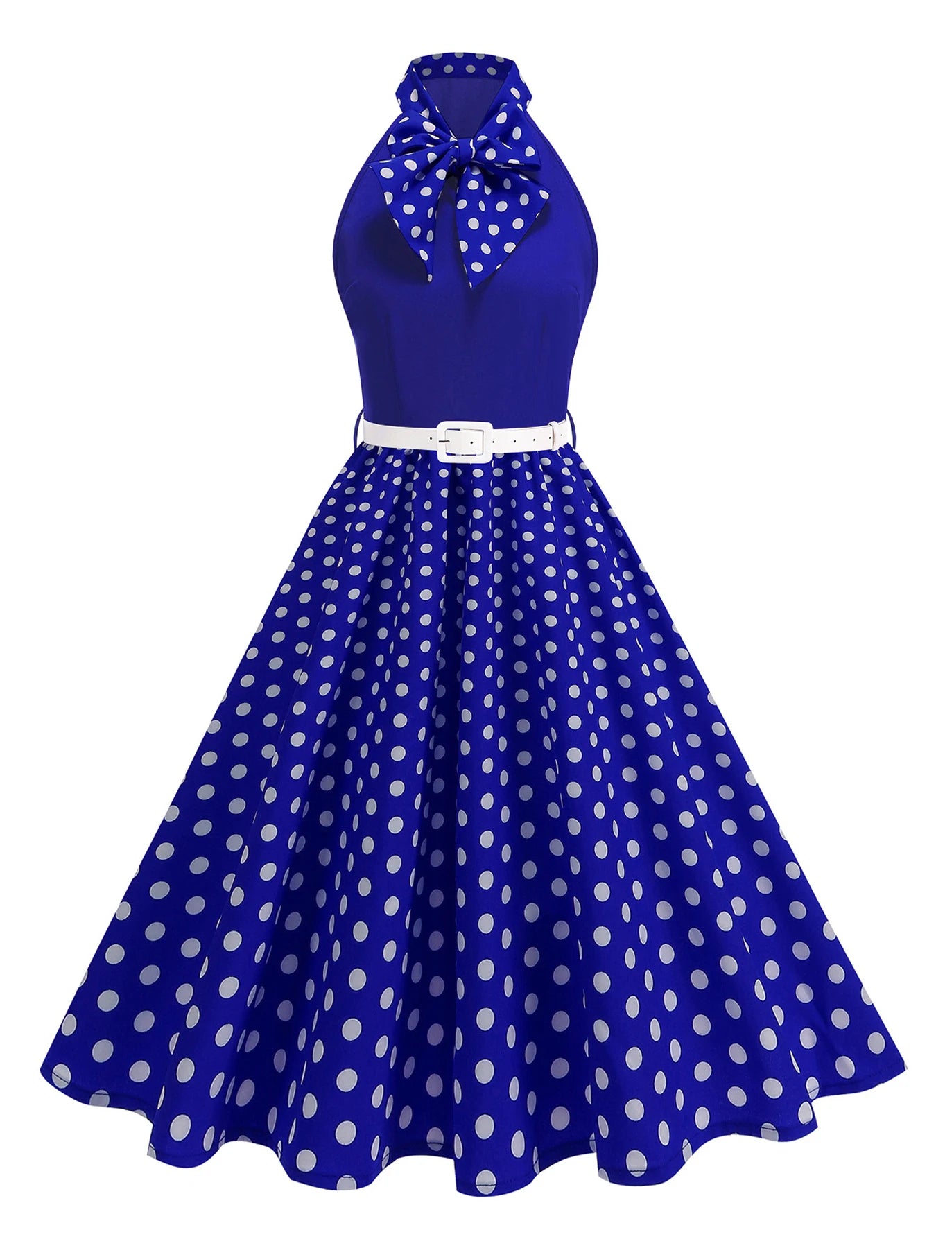 Halter Neck Polka Dot Midi Dress with Bow and Belt