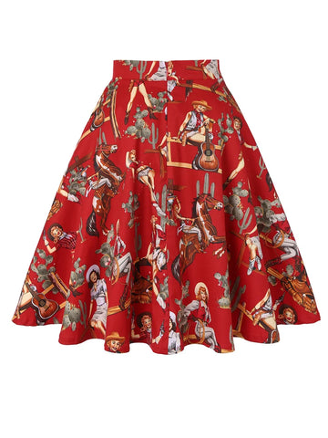 High Waist Western Print Midi Circle Skirt